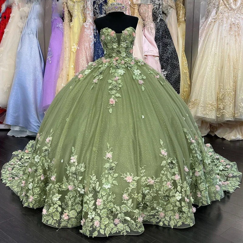 Robe de bal Quinceanera Sweet 16 en dentelle et fleurs