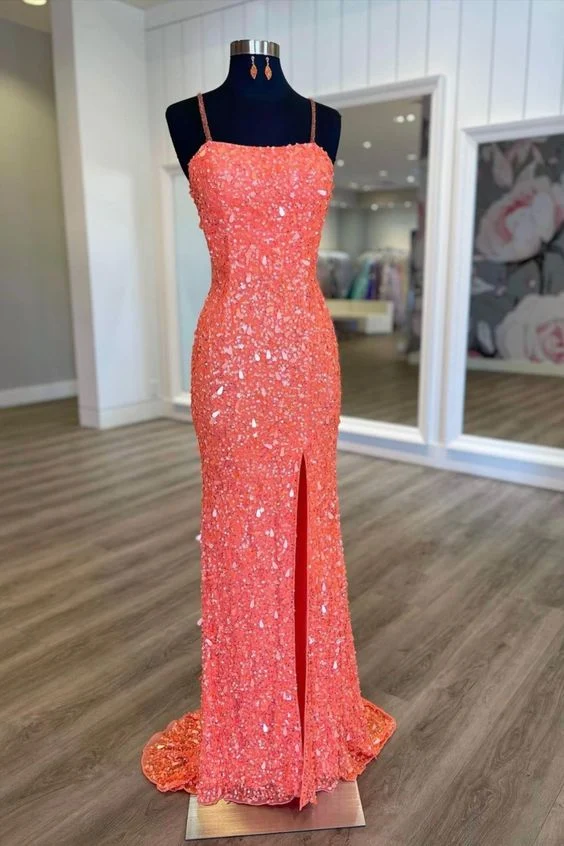 Robe de bal longue à paillettes corail scintillantes avec fentes