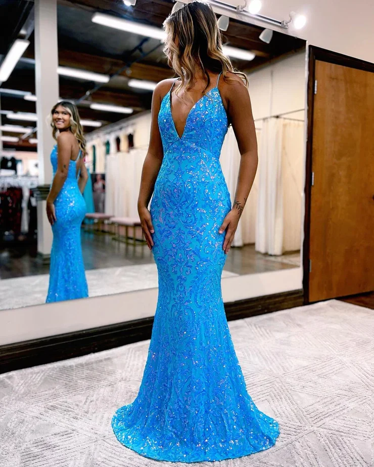 Belles robes de bal longues en dentelle bleue à paillettes et col en V