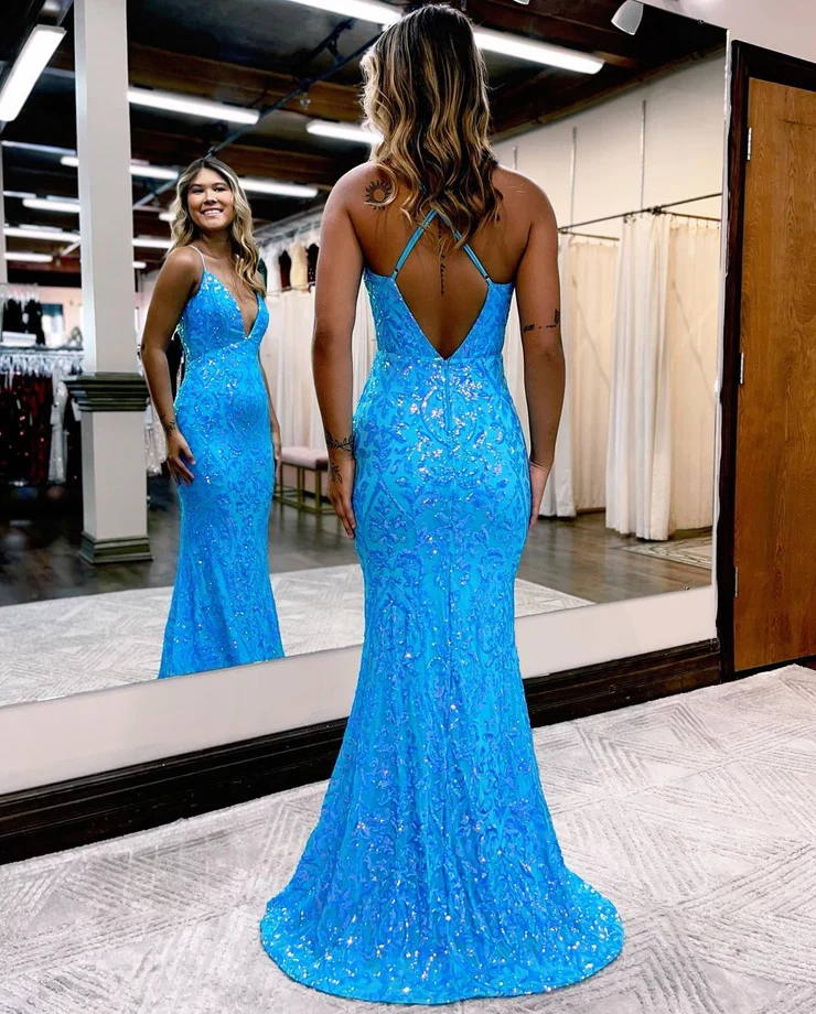 Belles robes de bal longues en dentelle bleue à paillettes et col en V