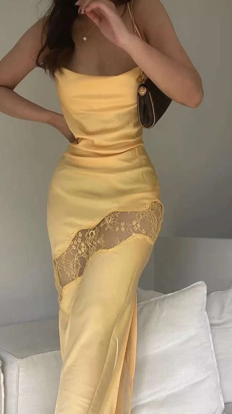 Robe de bal longue jaune sans manches pour femme, tenue de soirée sexy