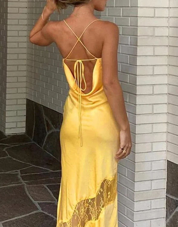 Robe de bal longue jaune sans manches pour femme, tenue de soirée sexy