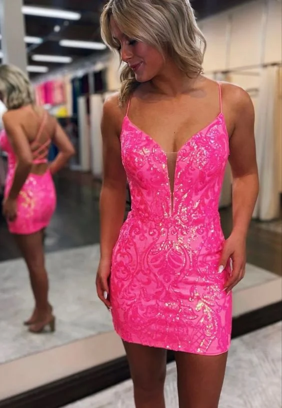 Robe de bal courte à paillettes roses
