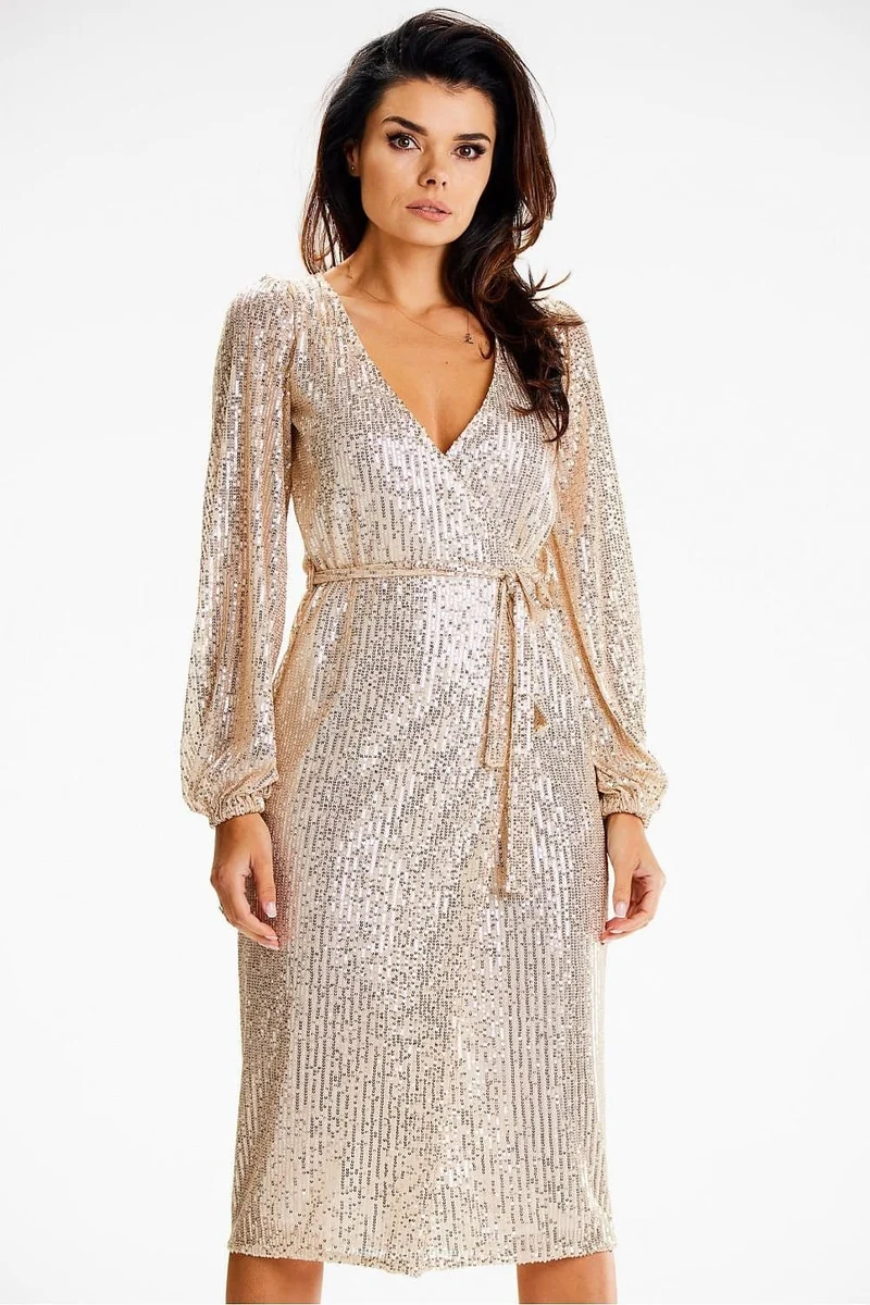 Robe portefeuille à paillettes manche longue