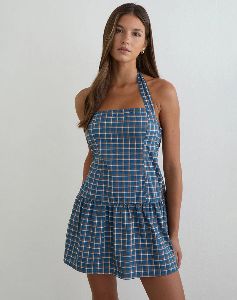 Mini-robe à col licou Panja en tartan bleu moyen