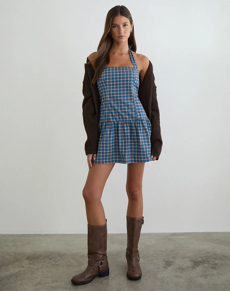 Mini-robe à col licou Panja en tartan bleu moyen