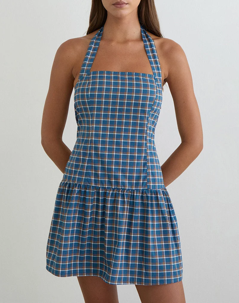 Mini-robe à col licou Panja en tartan bleu moyen