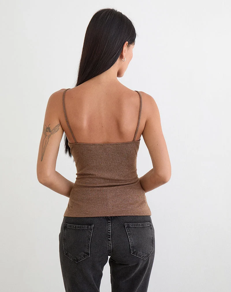 Haut Satuna avec perles en maille brillante marron