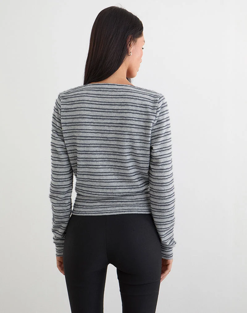 Haut Milzie à rayures horizontales en tricot gris et noir