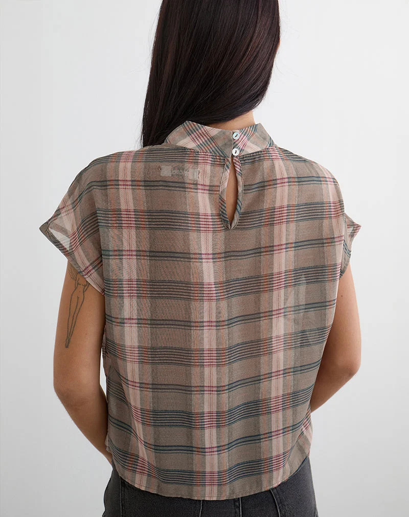 Sekala Top à carreaux flous marron et rose