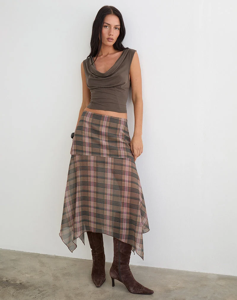 Jupe midi Sedra à carreaux flous marron et rose