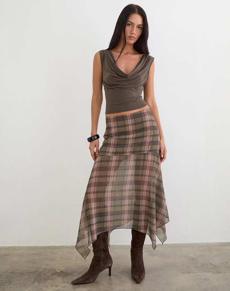Jupe midi Sedra à carreaux flous marron et rose