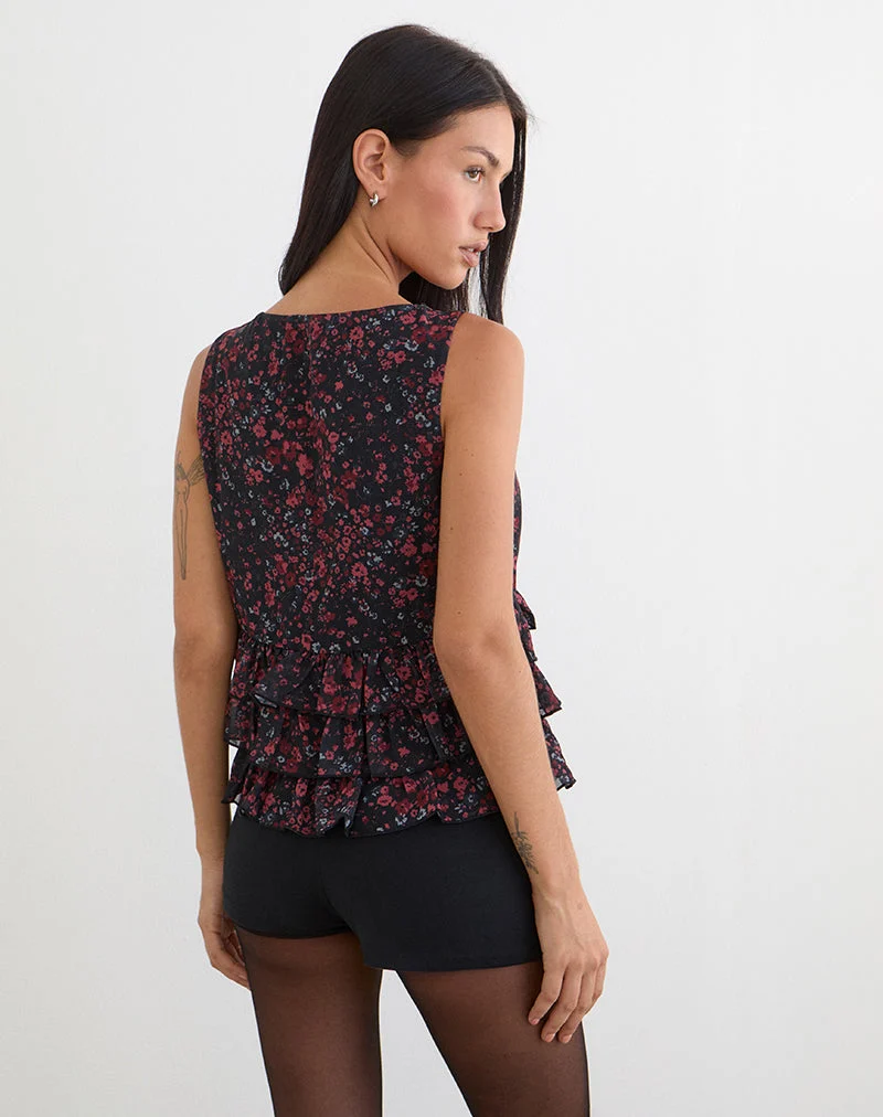 Débardeur Gendhis en mousseline à motif floral dispersé noir et rouge
