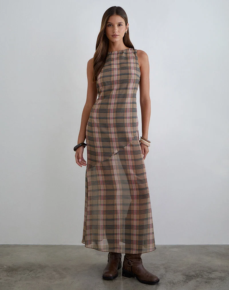 Robe longue Elska à carreaux flous marron et rose