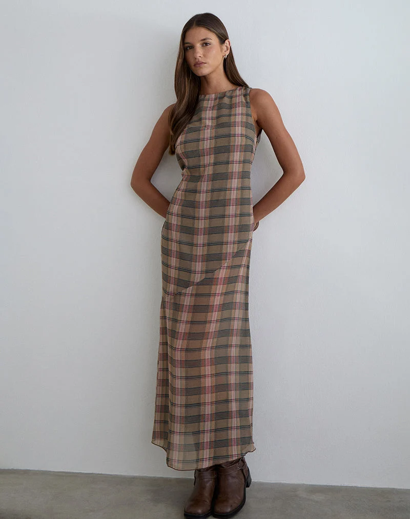 Robe longue Elska à carreaux flous marron et rose