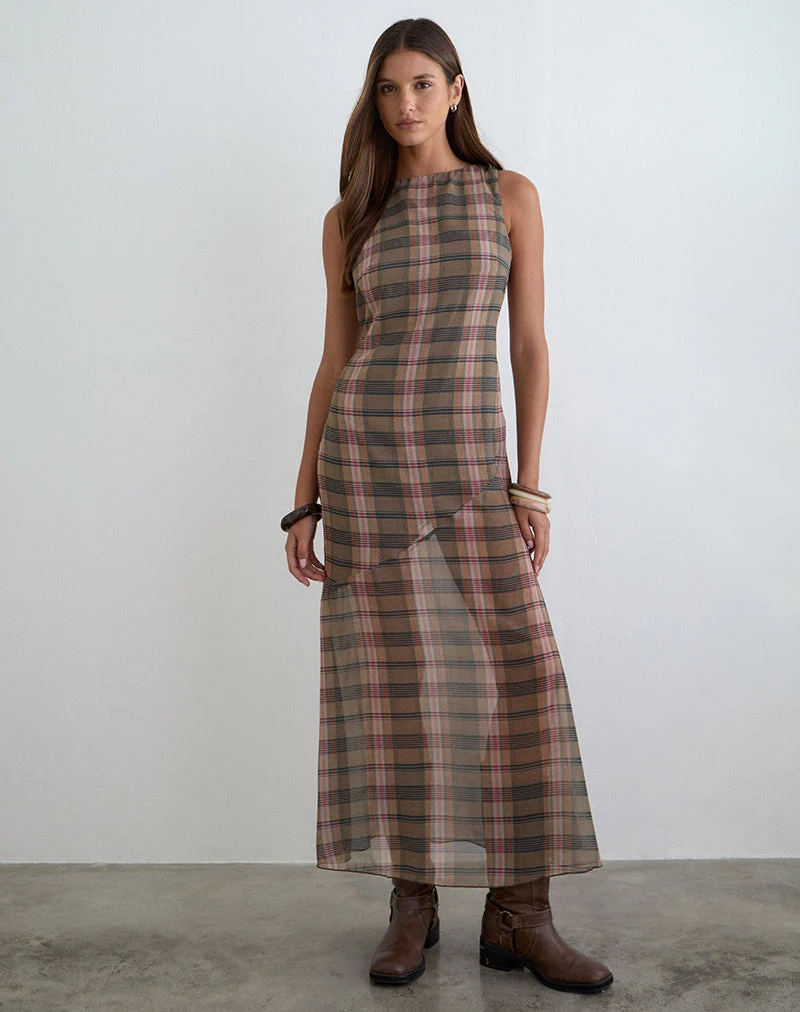 Robe longue Elska à carreaux flous marron et rose