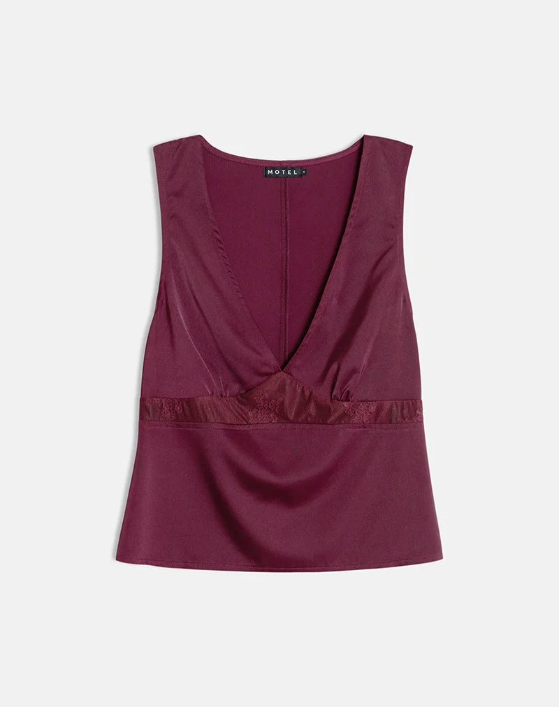Haut à empiècement en dentelle Valeska en satin Zinfandel