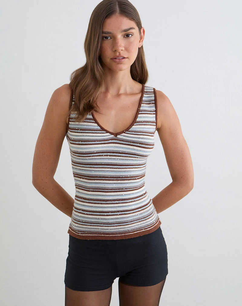 Haut plongeant Lycia en tricot rayé bleu et marron