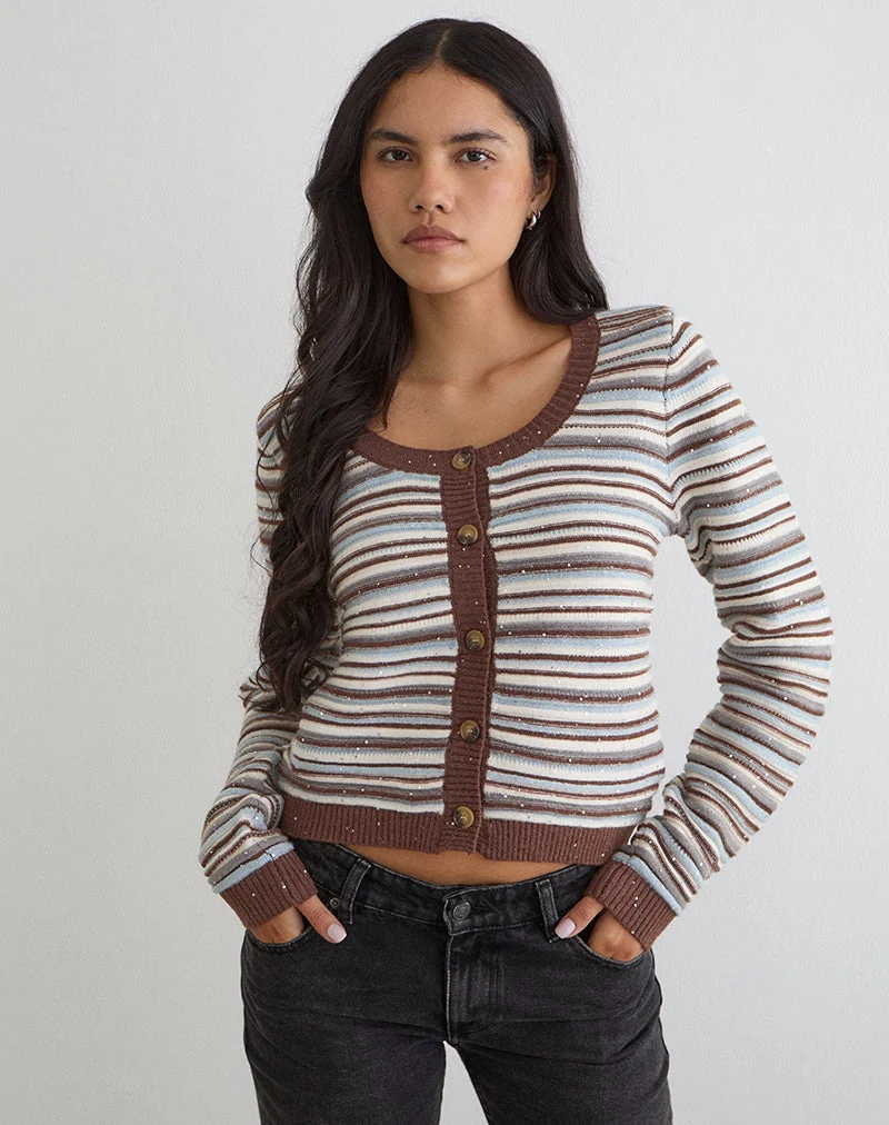 Haut à manches longues Aniha en tricot rayé bleu et marron