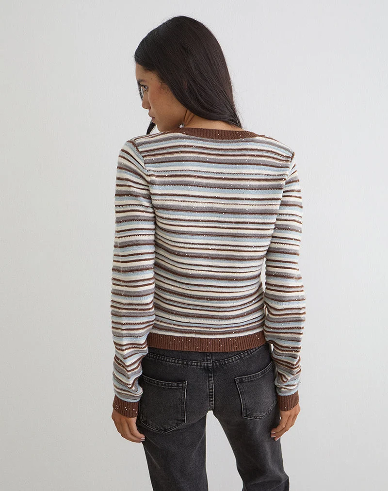 Haut à manches longues Aniha en tricot rayé bleu et marron