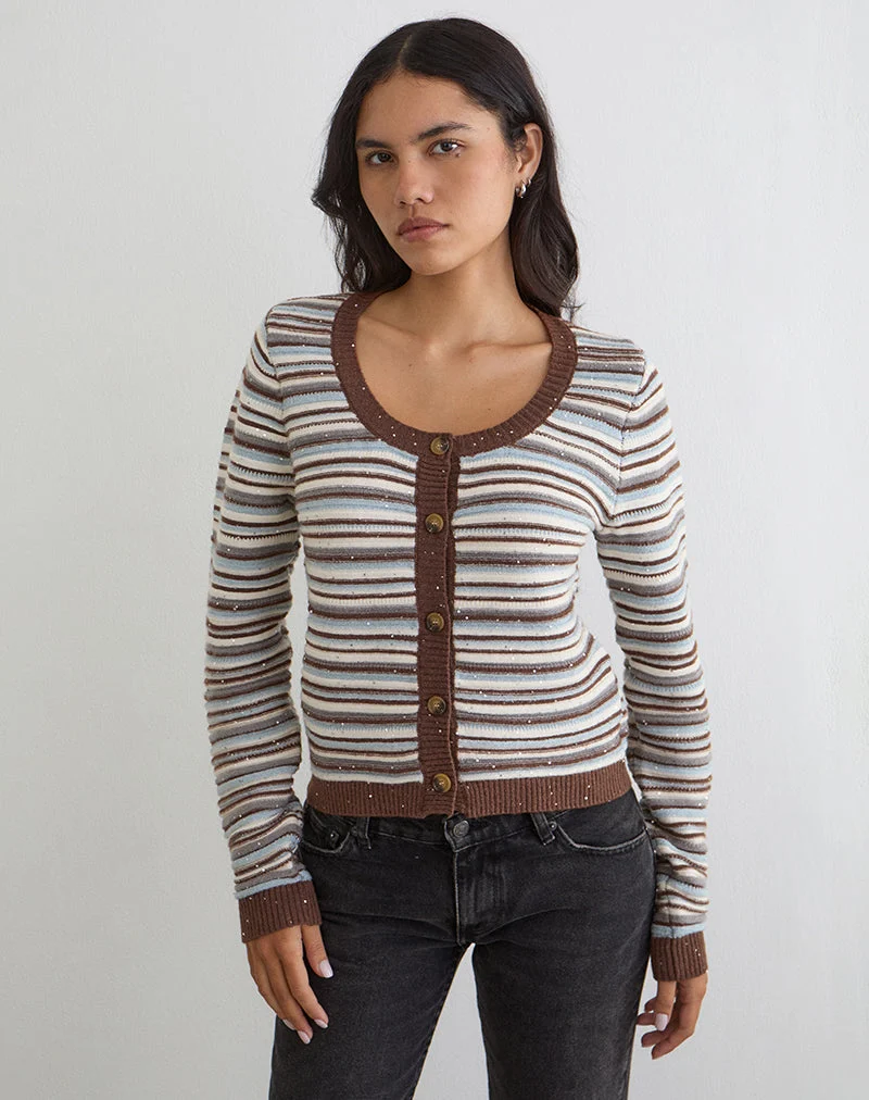 Haut à manches longues Aniha en tricot rayé bleu et marron