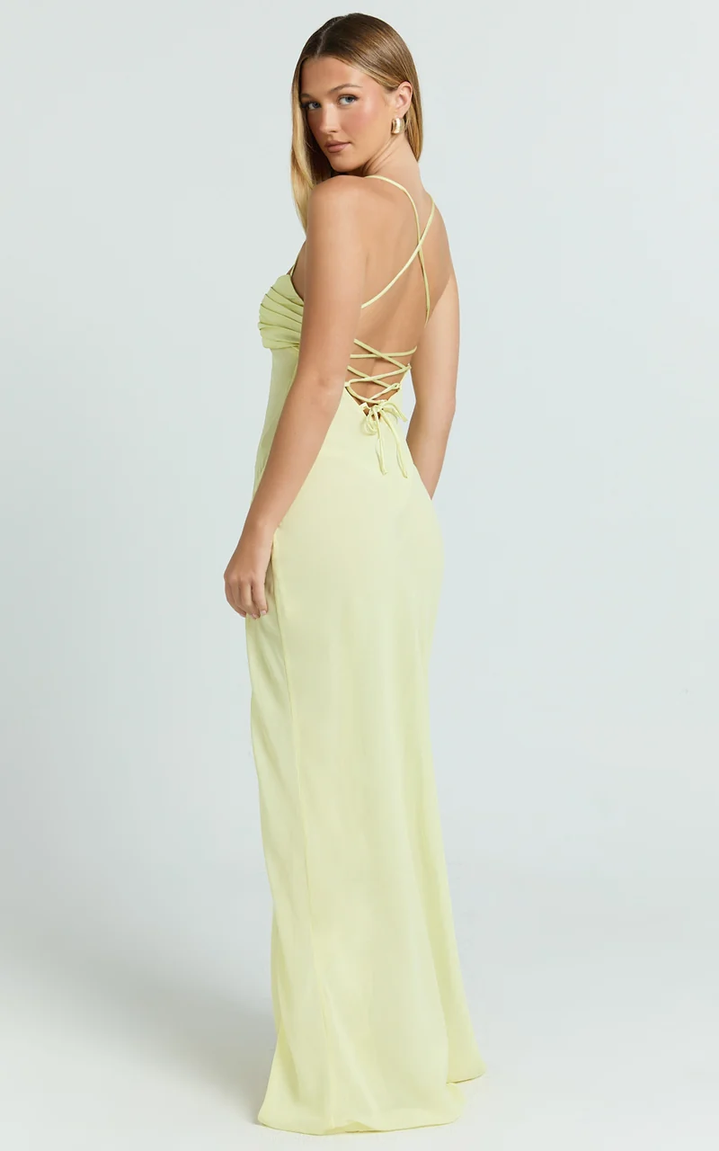 Sonya Maxi Dress - Cowl Neck Asymmetric Fit And Flare Dress in Lemon