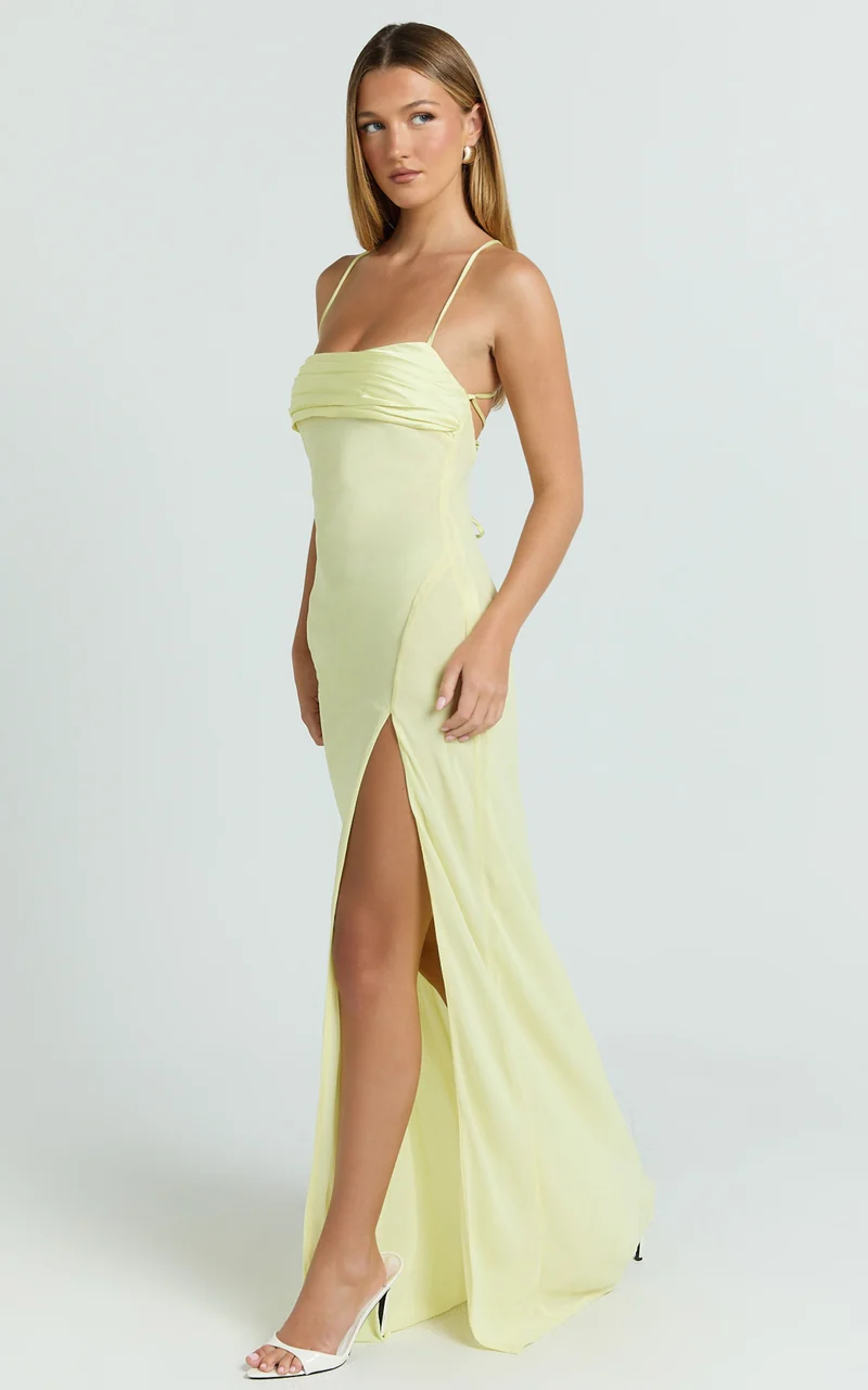 Sonya Maxi Dress - Cowl Neck Asymmetric Fit And Flare Dress in Lemon