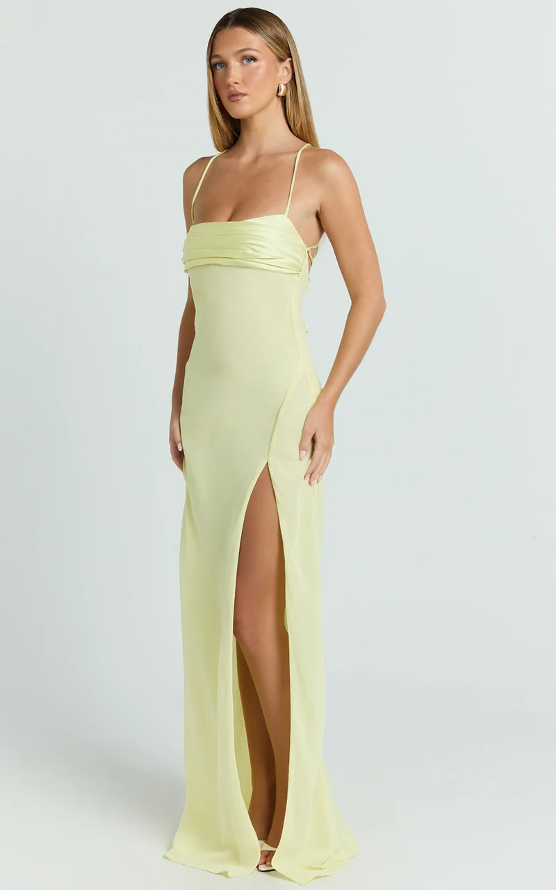 Sonya Maxi Dress - Cowl Neck Asymmetric Fit And Flare Dress in Lemon