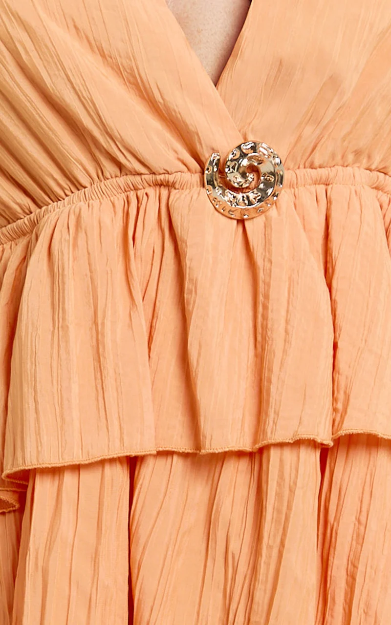Heidi Mini Dress - Deep V Plunge Halter Neck Peplum Brooch Detail Fit And Flare Dress in Orange