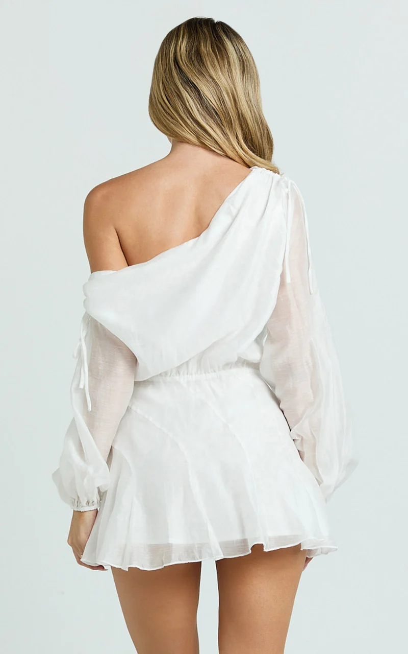 Hayes Mini Dress - Off Shoulder Bellow Top Flip Skirt Dress in White