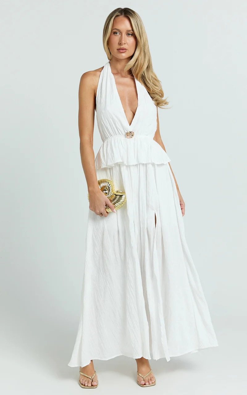 Heidi Midi Dress - Deep V Plunge Halter Neck Brooch Detail Split Skirt Dress in White