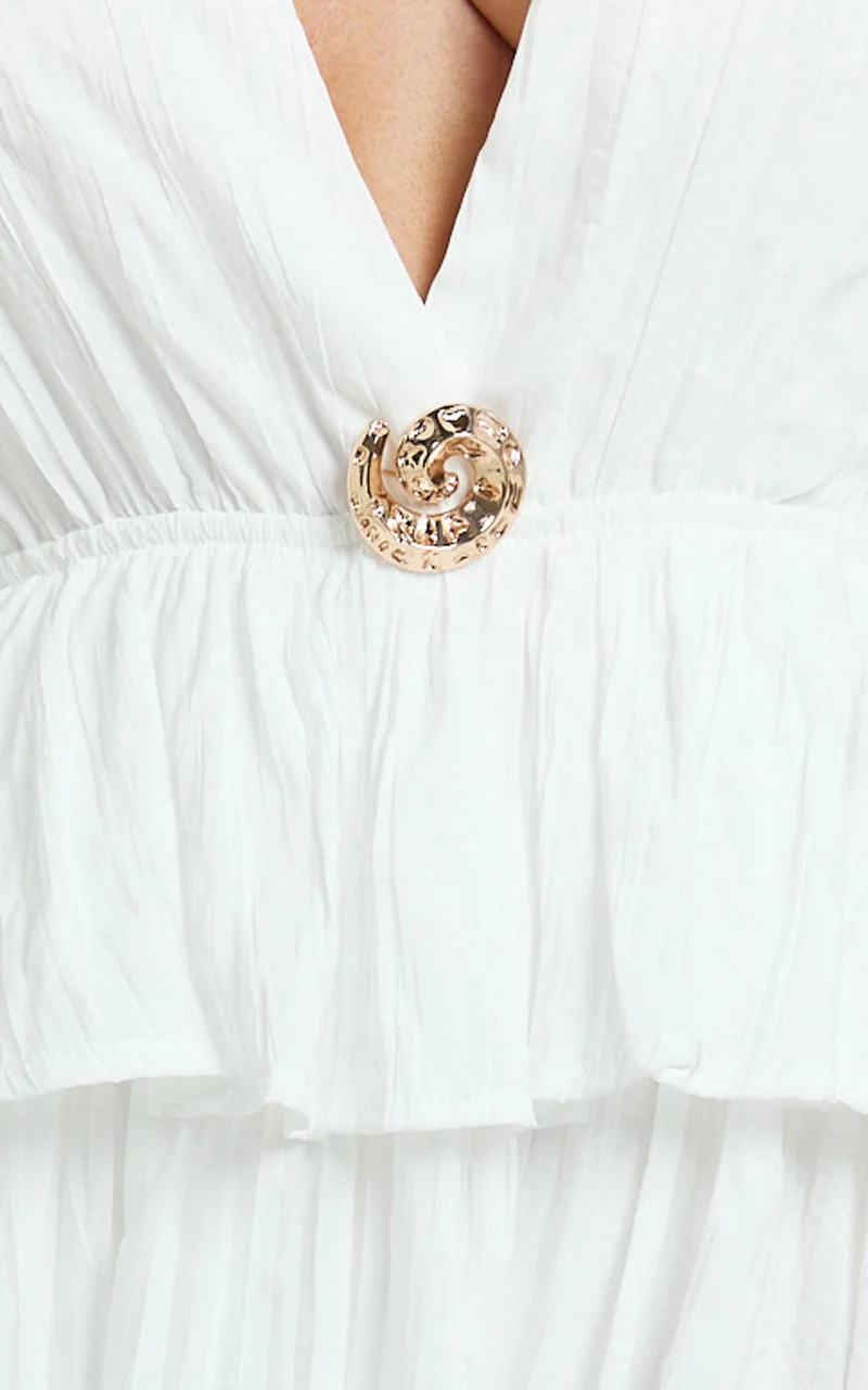 Heidi Midi Dress - Deep V Plunge Halter Neck Brooch Detail Split Skirt Dress in White