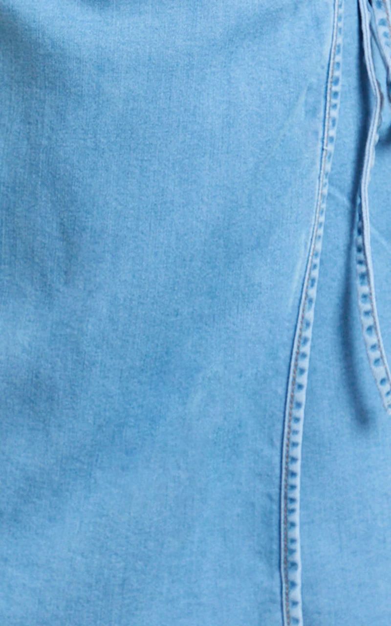Ramira Mini Dress - Denim Halter Neck Wrap Tie Mini Dress in Light Blue Wash
