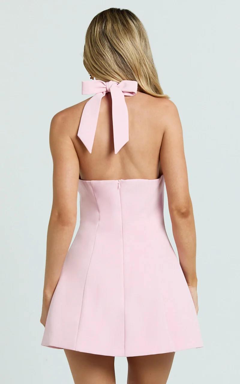 Ruby Mini Dress - O Ring Plunge Fit And Flare Dress in Pink