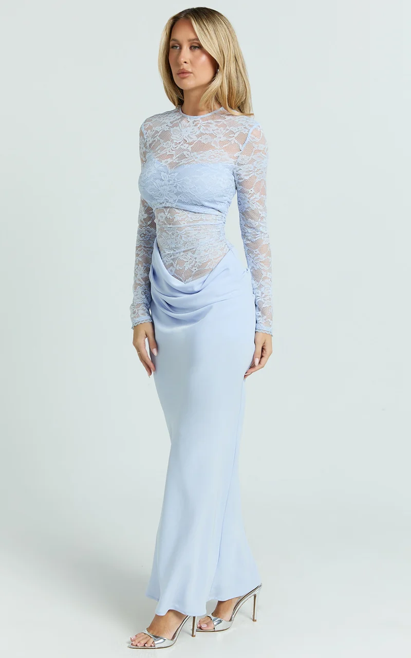 Crisanta Maxi Dress - Long Sleeve Contrast Lace Bodycon Dress in Pale Blue