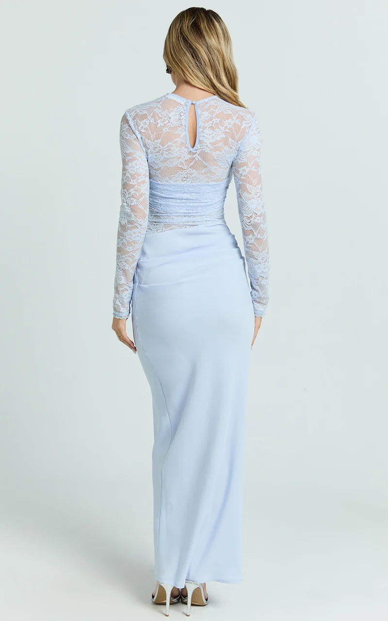 Crisanta Maxi Dress - Long Sleeve Contrast Lace Bodycon Dress in Pale Blue