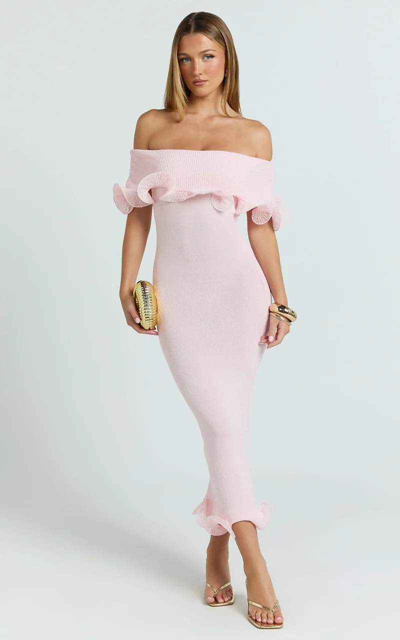 Winnie Maxi Dress - Off Shoulder Frilled Hem Knitted Dress in Baby Pink