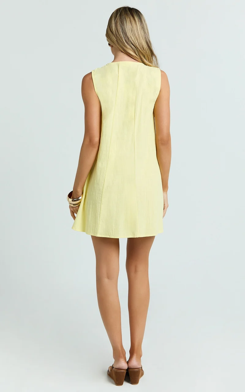 Lucinda Mini Dress - Deep U Gathered Neck Smock Dress in Lemon