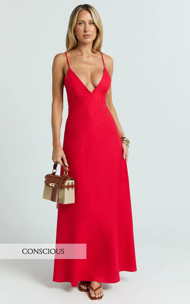 Hinata Maxi Dress - Linen Blend Slip Dress in Red