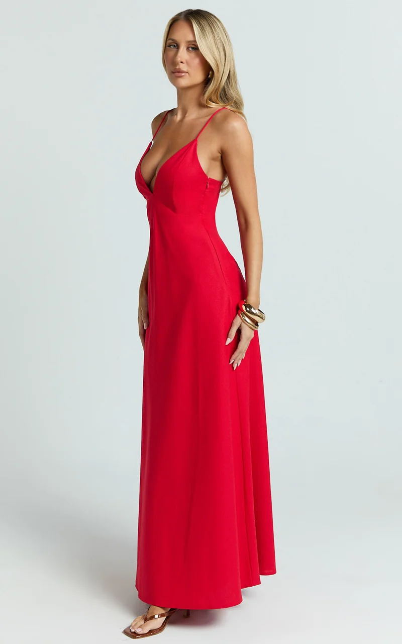 Hinata Maxi Dress - Linen Blend Slip Dress in Red