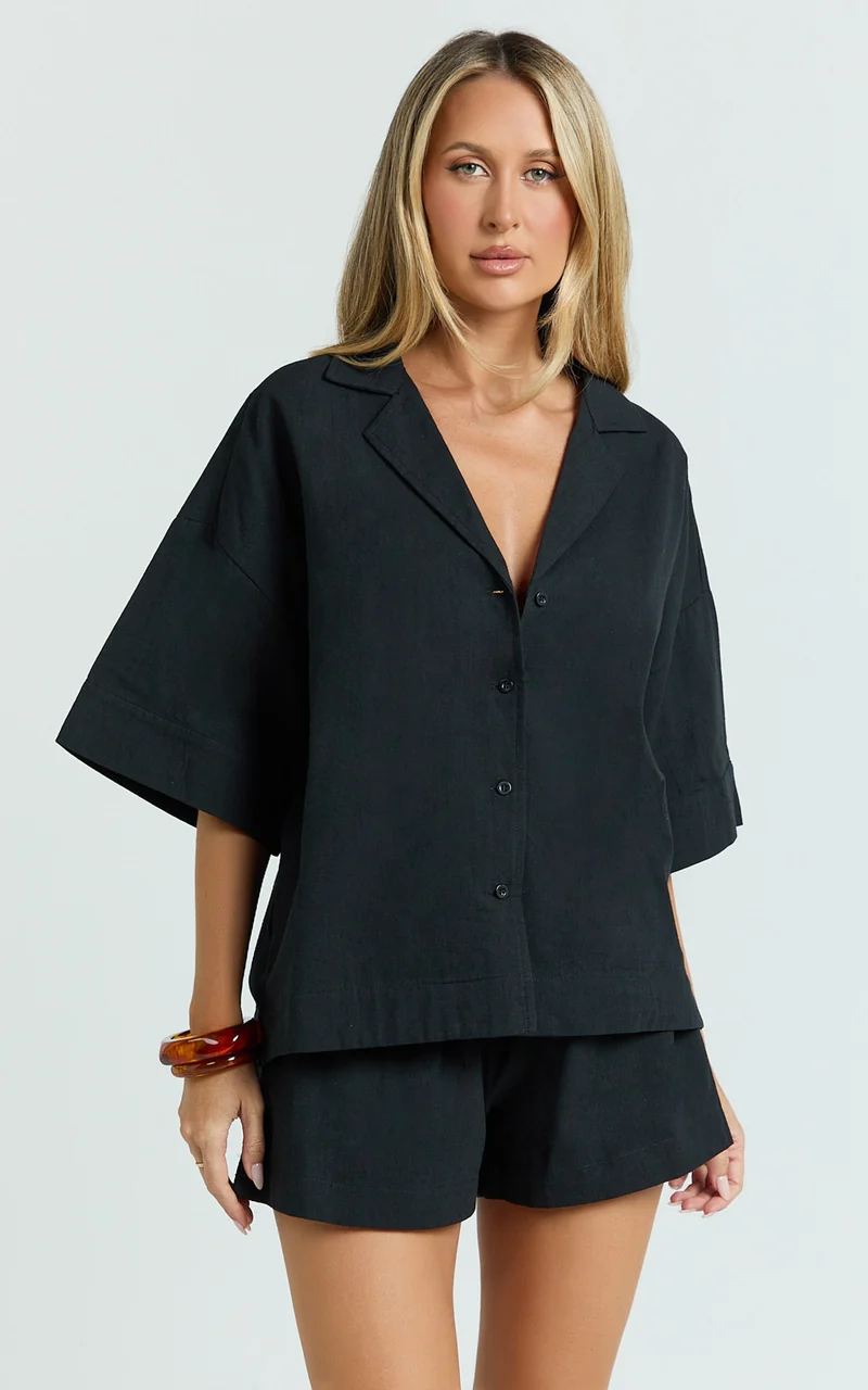 Saina Two Piece Set - Button Through Shirt and Drawstring Shorts Set in Black