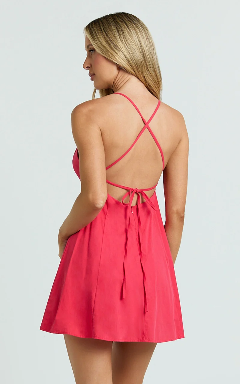 Zora Mini Dress - V Neck Bow Front Baby Doll Mini Dress in Red