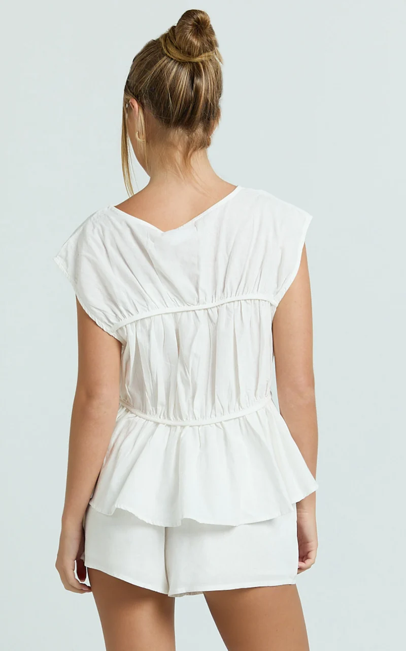 Alina Two Piece Set - Ruched Detail Top and Short Pants Set in White