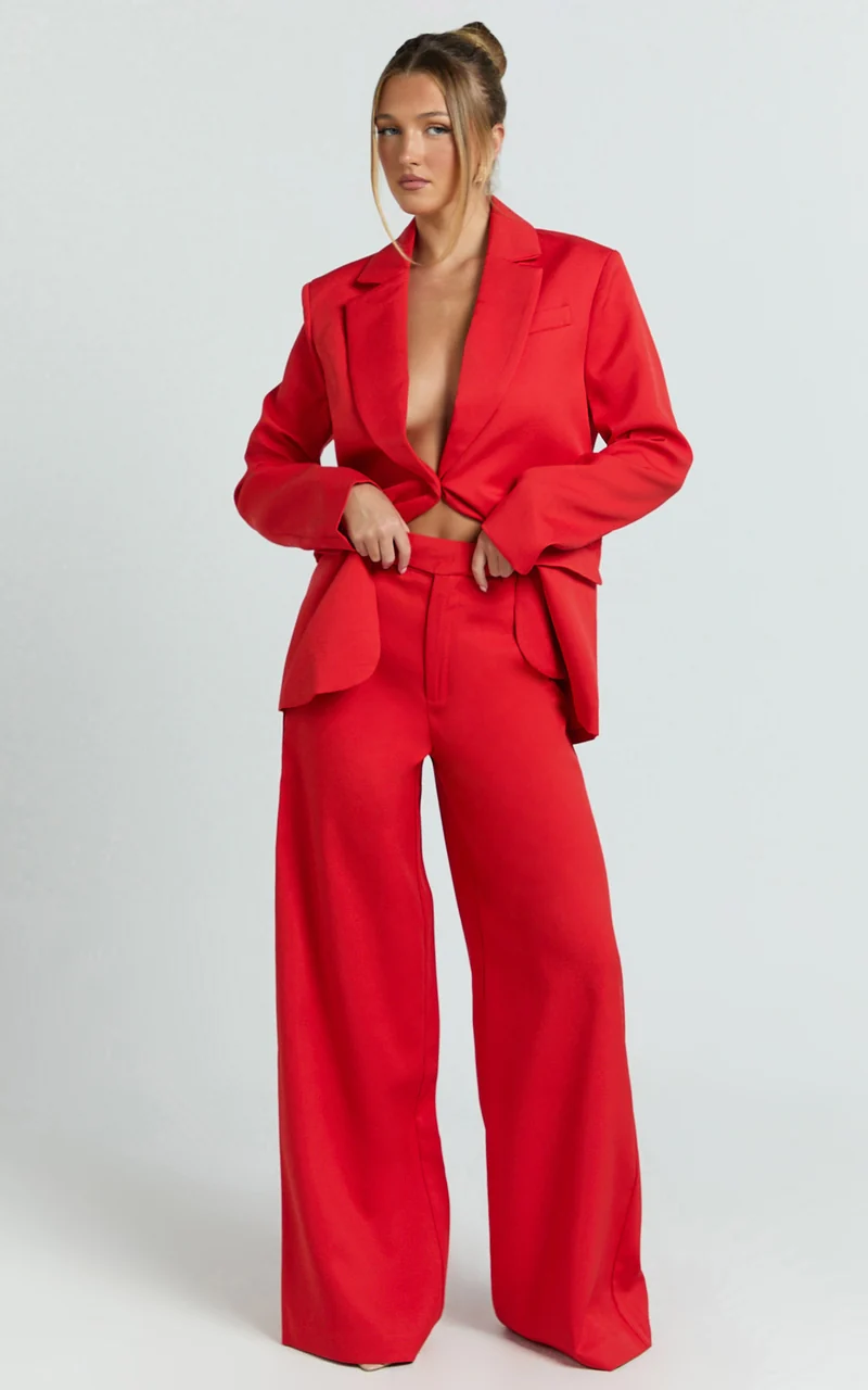 Selena Pants - High Waisted Wide Leg Tailored Pants in Red