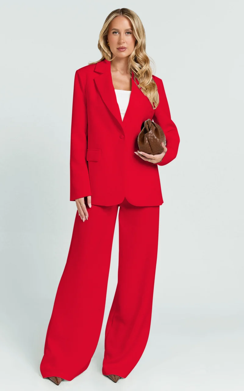 Selena Pants - High Waisted Wide Leg Tailored Pants in Red