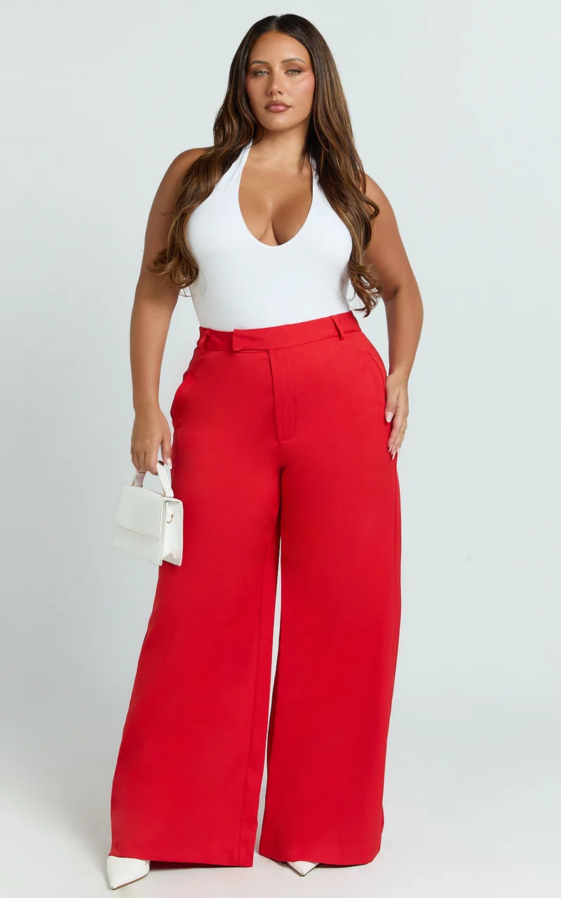 Selena Pants - High Waisted Wide Leg Tailored Pants in Red