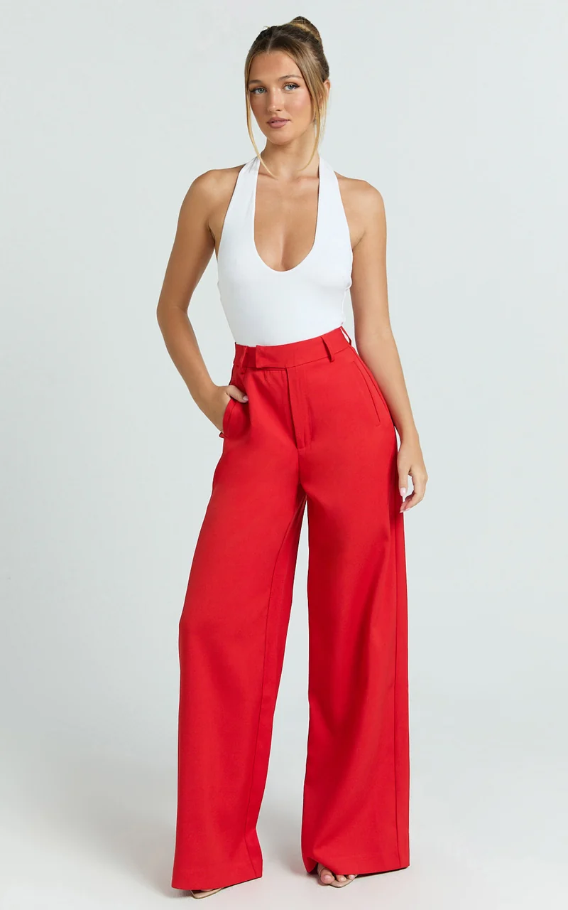 Selena Pants - High Waisted Wide Leg Tailored Pants in Red