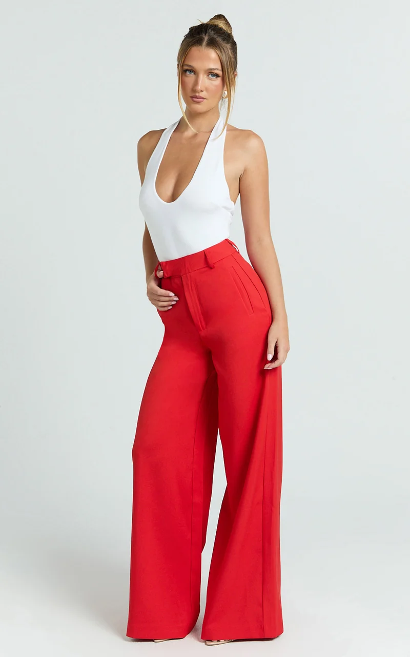 Selena Pants - High Waisted Wide Leg Tailored Pants in Red