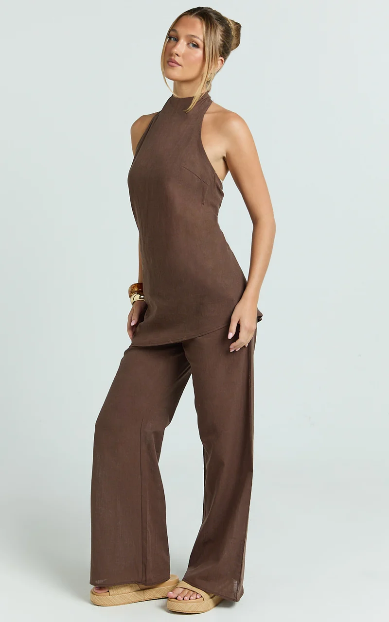 Paige Two Piece Set - Halter Top and Wide Leg Pant Set in Chocolate