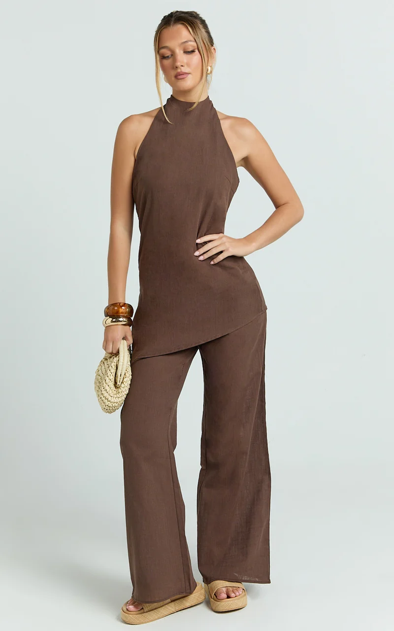 Paige Two Piece Set - Halter Top and Wide Leg Pant Set in Chocolate